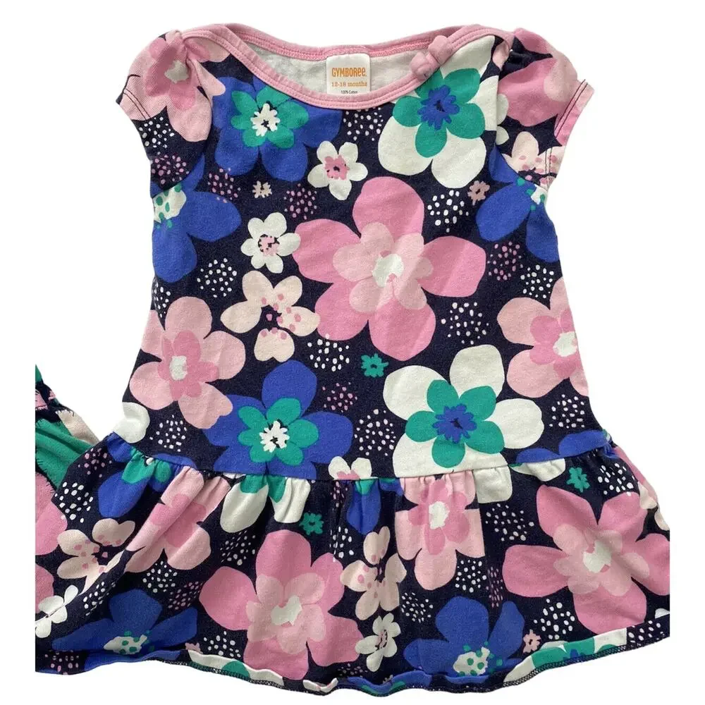 GYMBOREE Pink Blue Print Dress Set of 2 12-18 Months Floral Polka Dots